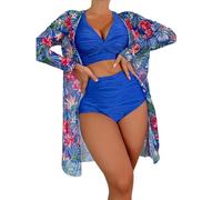 MALSSE Costume da bagno da donna con kimono lungo da spiaggia, 3 pezzi, con controllo della pancia, costume da bagno floreale con pantaloncini stampati