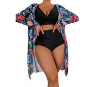 MALSSE Costume da bagno da donna con kimono lungo da spiaggia, 3 pezzi, con controllo della pancia, costume da bagno floreale con pantaloncini stampati