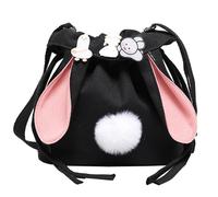 MALSSE Piccola borsa a tracolla da donna in tela con orecchie, borsa a secchiello, borsa a tracolla regolabile per viaggi casual con coulisse, Nero , One Size