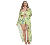 MALSSE Set di 3 bikini da donna con kimono lungo da spiaggia, copricostume da bagno con stampa floreale con pantaloncini contenitivi per la pancia, design elegante