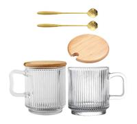 MALUGOGO Set di 2 Bicchieri di Vetro da 340ml con Manico Sospeso, Coperchio e Cucchiaio in Acciaio Inossidabile per Casa e Ufficio