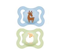 MAM Air Succhietto 2-6 mesi, Set da 2 ciucci, Azzurro/Verde | Con porta ciuccio sterilizzatore portatile, Tettarella ortodontica in silicone SkinSoft, Fori extra-large per pelli sensibili