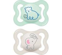 MAM Air Succhietto 2-6 Mesi (Set da 2), Ciuccio MAM 2-6 mesi per pelli sensibili e delicate, Kit da 2 accessori neonato con tettarella in silicone e porta ciuccio sterilizzatore, Verde/Grigio