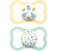 MAM Air Succhietto 6-16 mesi, Set da 2 ciucci, Neutro/Verde | Con porta ciuccio sterilizzatore portatile, Tettarella ortodontica in silicone SkinSoft, Fori extra-large per pelli sensibili