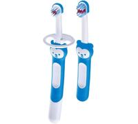 MAM Baby'S Brush Spazzolino Denti Neonato In Set Da 2, Spazzolini Per Neonati Con Anello Di Sicurezza, Impugnatura Corta Specifica Per Denti Da Latte, 6+ Mesi, Azzurro, Blue, 2 Unità,