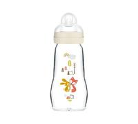 MAM Biberon Feel Good 260 ml, Biberon vetro pregiato resistente alle alte temperature, Accessori neonati ergonomici per uso quotidiano e allattamento misto con morbida tettarella misura 2, Neutro