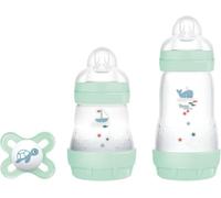 MAM Biberon Set, 2 Biberon Easy Start e 1 Ciuccio Original Start, Verde | Con 2 biberon anticolica Easy Start 130 e 260 ml, Riduce le bolle d'aria, Tettarella in silicone SkinSoft, Autosterilizzante