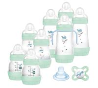 MAM Biberon Set Neonato con 8 biberon anticolica Easy Start, 1 Ciuccio Original Start, 1 Beccuccio extra morbido e 1 Manico, Accessori neonati per ridurre bolle d'aria e il rischio di coliche, Verde