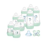 MAM Biberon Set Neonato con 8 biberon anticolica Easy Start, 1 Ciuccio Original Start, 1 Beccuccio extra morbido e 1 Manico, Accessori neonati per ridurre bolle d'aria e il rischio di coliche, Verde