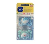 MAM Chupete con Escudo Ventilado, 2-6 Meses, con Tetina Simétrica, Plana y Flexible de Silicona Skin Soft Silicone de Fácil Aceptación, con Caja Autoesterilizadora, Air, Azul Brillante, Pack de 2uds
