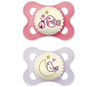 MAM Ciucci da notte originali, 0-6 mesi, confezione da 2, si illuminano al buio, forniti in custodia per sterilizzatore, materiali sostenibili, accessori per bambini, rosa (vari motivi)