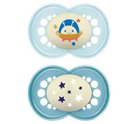 MAM Ciucci da notte originali, 18-36 mesi, confezione da 2, che si illuminano al buio, forniti in custodia per sterilizzatore, materiali sostenibili, accessori per bambini, blu (vari motivi)