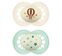 MAM Ciucci da notte originali, 18-36 mesi, confezione da 2, si illuminano al buio, forniti in custodia sterilizzatore per ciuccio, materiali sostenibili, accessori per bambini, crema (vari motivi)