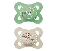 MAM Ciucci originali, 0-6 mesi, confezione da 2, forniti in custodia per sterilizzatore, materiali sostenibili, accessori per bambini per neonati, crema/verde (vari motivi)