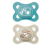 MAM Ciucci originali, 0-6 mesi, confezione da 2, forniti in custodia per sterilizzatore, materiali sostenibili, accessori per bambini per neonati, colore: blu/crema (vari motivi)