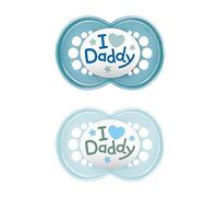 MAM Ciucci originali, dai 16 mesi in su, confezione da 2, forniti in scatola sterilizzatrice per ciuccio, materiali sostenibili, accessori per bambini, colore blu, con scritta "I Love Daddy" (vari