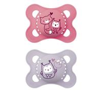 MAM Ciuccio 2-6 mesi con tettarella simmetrica, piatto e flessibile in silicone skin soft silicone facile accettazione, con scatola autosterilizzante, MAM originale, rosa opaco, confezione da 2
