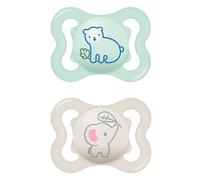 MAM Ciuccio Air in silicone, set da 2 pezzi, design extra leggero e arioso, adatto ai denti, in speciale silicone MAM SkinSoft con scatola per ciuccio, 0-6 mesi, orso/elefante