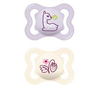 MAM Ciuccio Air in silicone, set da 2 pezzi, design extra leggero e arioso, adatto ai denti, in speciale silicone MAM SkinSoft con scatola per ciuccio, 0-6 mesi, lama/fragola