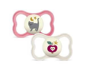 MAM Ciuccio con scudo ventilato, bagliore al buio, a partire da 16 mesi, tettarella extra sottile e flessibile in silicone facile accettazione, con scatola autsterilizzante, Supreme, rosa opaco, 2