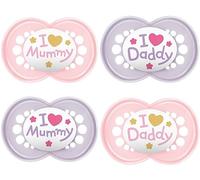 MAM Ciuccio in silicone originale 6 - 16 mesi I Love Mummy & Daddy, 4 pezzi, per bambine