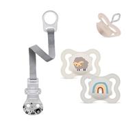 Mam, ciuccio in silicone "Skin Soft" per neonati da 0 a 6 mesi, Set da 2 pezzi, con contenitore per il trasporto sterilizzato e cordoncino porta ciuccio