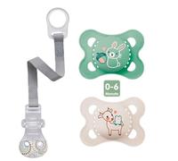 Mam, ciuccio in silicone "Skin Soft" per neonati da 0 a 6 mesi,unisex, confezione da 2 pezzi, inclusicontenitore per il trasporto sterilizzato e laccio portaciuccio Nip