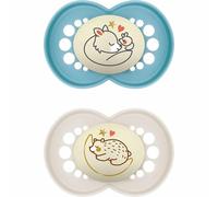 MAM Original Pure Night - Ciuccio 6+ mesi (set da 2), ciuccio sostenibile e bio-rinnovabile, tettarella in silicone SkinSoft, che si illumina al buio, blu/crema (i disegni possono variare)
