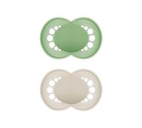 MAM Ciuccio originale in set da 2 pezzi, adatto ai denti, realizzato con materiali sostenibili e rinnovabili, tettarella in silicone MAM SkinSoft, con scatola per ciuccio, 16 mesi, verde/beige