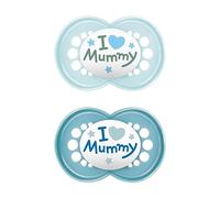 MAM Ciuccio originale in set da 2 pezzi, adatto ai denti, realizzato con materiali sostenibili e rinnovabili, tettarella in silicone MAM SkinSoft, con scatola per ciuccio, 6-16 mesi, blu/azzurro