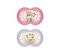 MAM Ciuccio originale Night in set da 2 pezzi, brillante e adatto ai denti, realizzato con materiali sostenibili e rinnovabili, con scatola per ciuccio, 16 mesi, capriolo/gufo