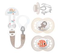 MAM ciuccio silicone 6-16 mesi, 2 pezzi confezione per la sterilizzazione e il trasporto & MAM Clip it ! & Cover