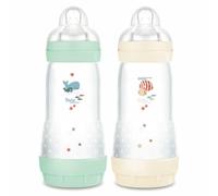 MAM - Confezione da 2 biberon Easy Start Anti-Colica 4+ mesi a flusso rapido (2 x 320 ml) Menta + Cotone - Biberon per ridurre le coliche e il disagio del bambino - Biberon per bambini compatibile con