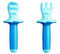 MAM Dipper Set, Set posate bambini 6+ mesi, Include forchetta e cucchiaino svezzamento con superficie scanalata e mascherina protettiva, Set pappa svezzamento lavabile in lavastoviglie, Azzurro