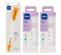 MAM Easy Start Anti-Colic Newborn Smart-Set 0+ Set di biberon autosterilizzanti 2 x 260 ml con tettarella SkinSoft Size1 dalla nascita MAM Spazzola morbida per biberon antigraffio