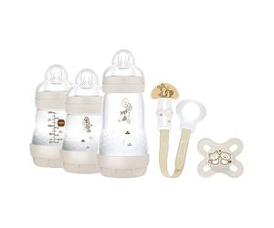 MAM Easy Start Anti-Colic Welcome, set di accessori per bambini con 3 bottiglie anti-coliche, ciuccio e nastro ciuccio, set regalo per bambini, dalla nascita, beige