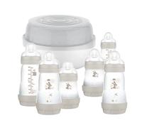 MAM Easy Start Bottle & Microwave Steriliser Set, Comes with 6 x MAM Easy Start Self Sterilising Anti-Colic Baby Bottles, BPA Free Bottle Steriliser for Babies
