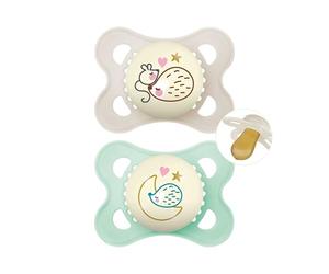 MAM Latex Original Night Soothers | 0-6 Months | Glow in the Dark Dummies | Comes in Dummy Steriliser Case | Baby Accessories for Newborn | Green/Cream (Various Designs)