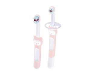 MAM Learn to Brush Set Spazzolino da denti per bambini con manico lungo per tenere insieme, spazzolino da denti per bambini, a partire dai 5+ mesi, rosa