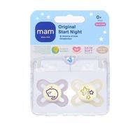 MAM Original Start Night Succhietto 0-2 Mesi (Set da 2), Ciuccio MAM che si illumina al buio con tettarella in silicone, Kit da 2 accessori neonato con porta ciuccio sterilizzatore, Crema Notte