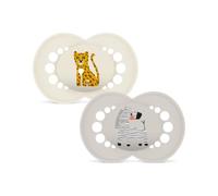 MAM Original Jungle Edition Succhietto 16+ mesi, Set da 2, Beige/Grigio | Con porta ciuccio sterilizzatore portatile, Tettarella ortodontica in silicone SkinSoft, Mascherina curva, Senza BPA/BPS