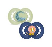 MAM Original Jungle Edition Succhietto 16+ mesi, Set da 2, Verde/Blu | Con porta ciuccio sterilizzatore portatile, Tettarella ortodontica in silicone SkinSoft, Mascherina curva, Senza BPA/BPS