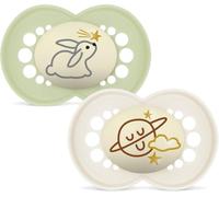 MAM Original Night Succhietto 16+ Mesi (Set da 2), Ciuccio MAM 16 36 mesi che si illumina al buio con tettarella in caucciù, Kit da 2 accessori neonato con porta ciuccio sterilizzatore, Neutro/Verde