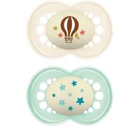 MAM Original Night Succhietto 16+ Mesi (Set da 2), Ciuccio MAM 16 36 mesi che si illumina al buio con tettarella in caucciù, Kit da 2 accessori neonato con porta ciuccio sterilizzatore, Neutro/Verde