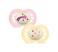 MAM Original Night Succhietto 16+ Mesi (Set da 2), Ciuccio MAM 16 36 mesi silicone e ortodontico che si illumina al buio, Kit da 2 accessori neonato con porta ciuccio sterilizzatore, Rosa/Giallo