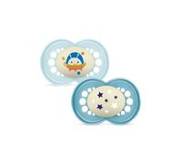 MAM Original Night Ciuccio Luminoso in Set da 2, in Silicone SkinSoft con Custodia Porta Succhietto, 16+ Mesi, Blu
