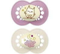 MAM Original Night Succhietto 16+ Mesi (Set da 2), Ciuccio MAM 16 36 mesi silicone e ortodontico che si illumina al buio, Kit da 2 accessori neonato con porta ciuccio sterilizzatore, Lilla/Neutro