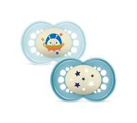 MAM Original Night Succhietto 6+ mesi, Set da 2 ciucci, Azzurro/Celeste | Si illumina al buio, Con porta ciuccio sterilizzatore, Tettarella ortodontica in caucciù naturale, Senza BPA/BPS