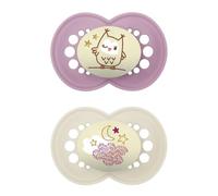 MAM Original Night Succhietto 6+ Mesi (Set da 2), Ciuccio MAM 6-16 mesi che si illumina al buio con tettarella in silicone, Kit da 2 accessori neonato con porta ciuccio sterilizzatore, Lilla/Crema
