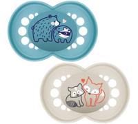 MAM Original Pure - Ciuccio per bambini dai 16 mesi in su, set da 2, in materiale sostenibile e bio-rinnovabile, tettarella in silicone SkinSoft, con custodia MAM per ciuccio, colore: blu/crema (i